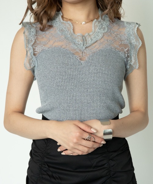 yuue' ( wear )(ユーイ)の「レース切り替えフリルノースリーブトップス(Tシャツ/カットソー・レディース・ホワイト/ブラック/グレー・FREE)」の3枚目の写真