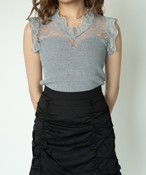yuue' ( wear )(ユーイ)の「レース切り替えフリルノースリーブトップス(Tシャツ/カットソー・レディース・ホワイト/ブラック/グレー・FREE)」の12枚目の写真