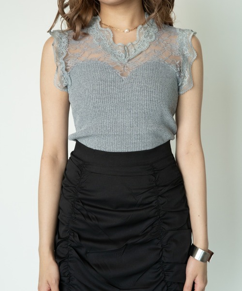 yuue' ( wear )(ユーイ)の「レース切り替えフリルノースリーブトップス(Tシャツ/カットソー・レディース・ホワイト/ブラック/グレー・FREE)」の13枚目の写真