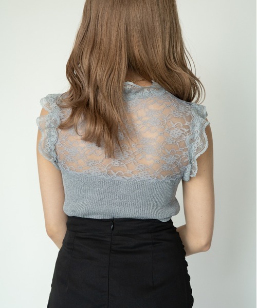 yuue' ( wear )(ユーイ)の「レース切り替えフリルノースリーブトップス(Tシャツ/カットソー・レディース・ホワイト/ブラック/グレー・FREE)」の5枚目の写真
