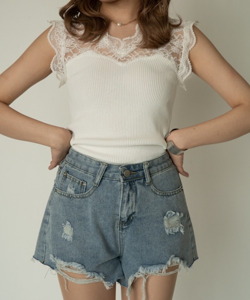 yuue' ( wear )(ユーイ)の「レース切り替えフリルノースリーブトップス(Tシャツ/カットソー・レディース・ホワイト/ブラック/グレー・FREE)」の11枚目の写真