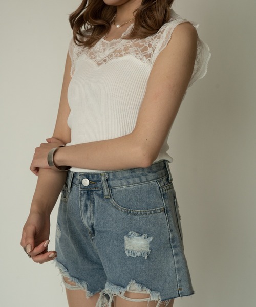 yuue' ( wear )(ユーイ)の「レース切り替えフリルノースリーブトップス(Tシャツ/カットソー・レディース・ホワイト/ブラック/グレー・FREE)」の9枚目の写真