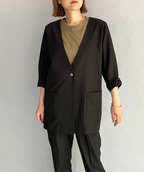 PICCIN（ピッチン）の「【セットアップ対応】オーバーサイズノーカラージャケット（ノーカラージャケット・レディース・ブラック/アッシュブラウン・M）」の3枚目の写真