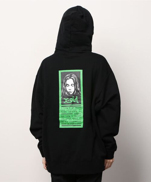 X-girl エックスガール パーカー Mサイズ 黒 緑 バックプリント X-girl(エックスガール)の「WORDS FACE SWEAT HOODIE