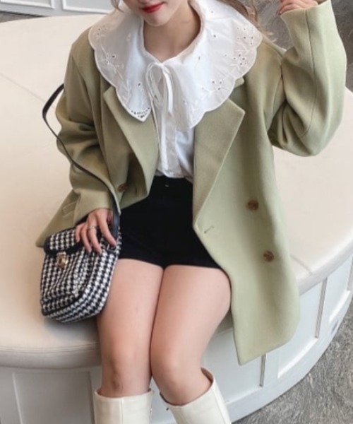 WEGO（ウィゴー）の「WEGO/メルトンダブルテーラードジャケット（テーラードジャケット・レディース・グリーン/ライトベージュ/ベージュ系その他2/ブラック/ブラック系その他2・FREE）」の2枚目の写真