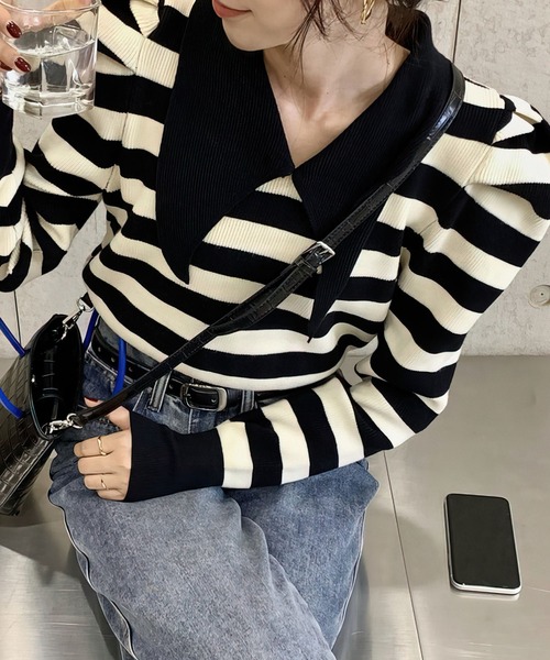 me+em select(ミームセレクト)の「ビッグカラーパワショルボーダーニット(ニット/セーター・レディース・ブラック/グリーン・FREE)」の7枚目の写真