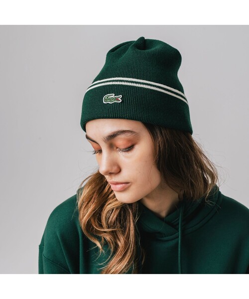 LACOSTE(ラコステ)の「ダブルボーダーニットキャップ(ニットキャップ/ビーニー・レディース・ネイビー/グリーン・FREE)」の1枚目の写真