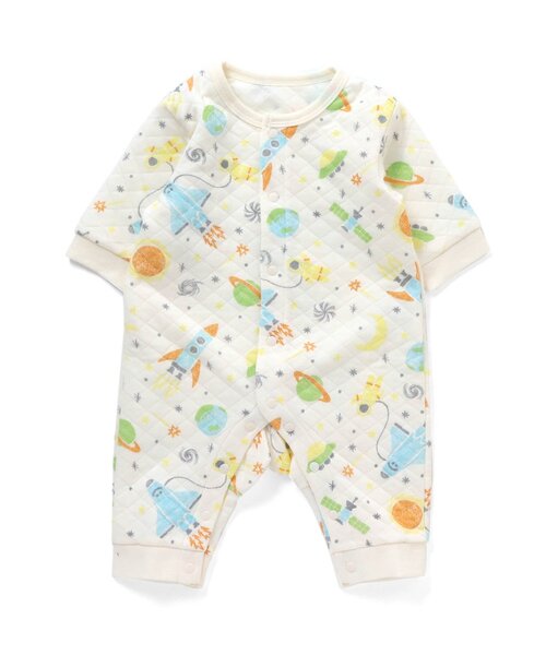 Ampersand（アンパサンド）の「ニットキルト前開き総柄カバーオール（宇宙柄）（肌着・キッズ・ライトグレー/キナリ・80/70/60）」の2枚目の写真