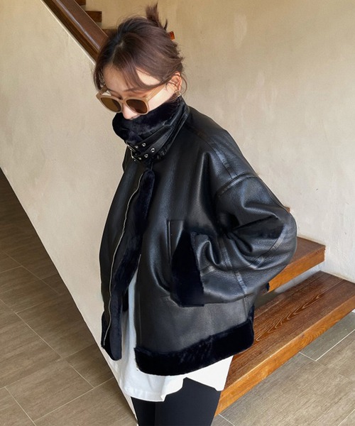 me+em select フェイクファー ムートンジャケット グレー me+em select（ミームセレクト）の「【 5COLOR 】ノーカラー