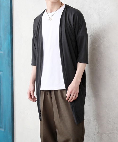 TopIsm(トップイズム)の「ショールカラー リネン混5分袖 無地ロングカーディガン(カーディガン/ボレロ・メンズ・ブラック/ネイビー/グレー/カーキ/モカ/グレイッシュブルー/チャコールグレー・M/L)」の3枚目の写真