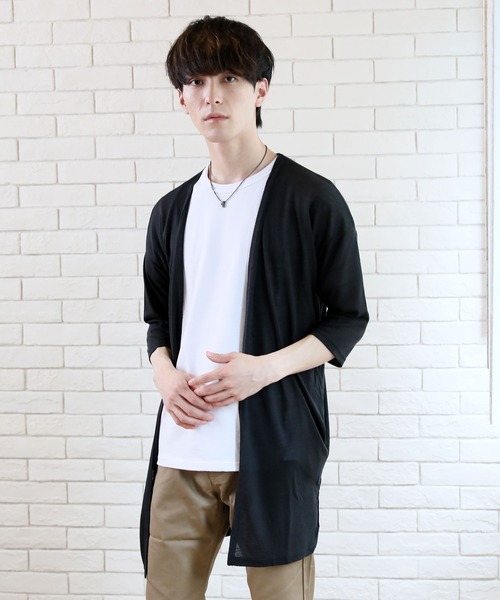 TopIsm(トップイズム)の「ショールカラー リネン混5分袖 無地ロングカーディガン(カーディガン/ボレロ・メンズ・ブラック/ネイビー/グレー/カーキ/モカ/グレイッシュブルー/チャコールグレー・M/L)」の2枚目の写真