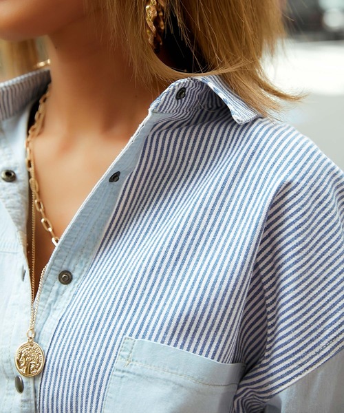 babyShoop（ベイビーシュープ）の「デニム切り替えシャツ（シャツ/ブラウス・レディース・ライトブルー/ブルー・FREE）」の4枚目の写真