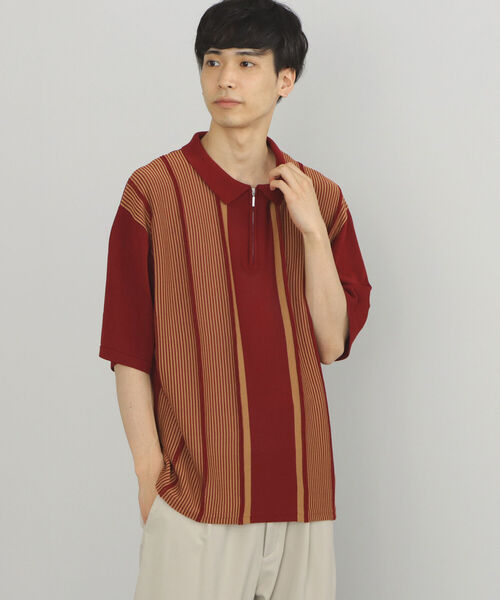 BEAMS HEART（ビームスハート）の「BEAMS HEART / ジップ ストライプ ポロシャツ（ポロシャツ・メンズ・ネイビー/バーガンディー・SMALL/LARGE/MEDIUM）」の7枚目の写真