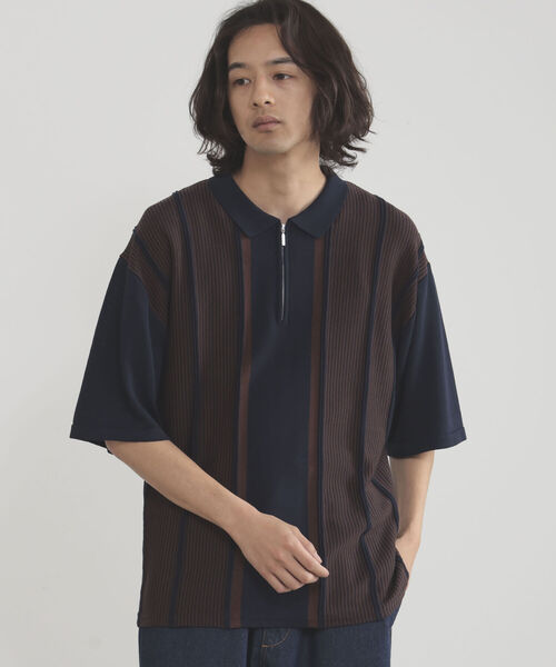 BEAMS HEART（ビームスハート）の「BEAMS HEART / ジップ ストライプ ポロシャツ（ポロシャツ・メンズ・ネイビー/バーガンディー・SMALL/LARGE/MEDIUM）」の4枚目の写真