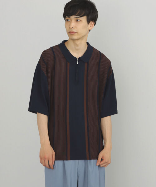 BEAMS HEART（ビームスハート）の「BEAMS HEART / ジップ ストライプ ポロシャツ（ポロシャツ・メンズ・ネイビー/バーガンディー・SMALL/LARGE/MEDIUM）」の8枚目の写真