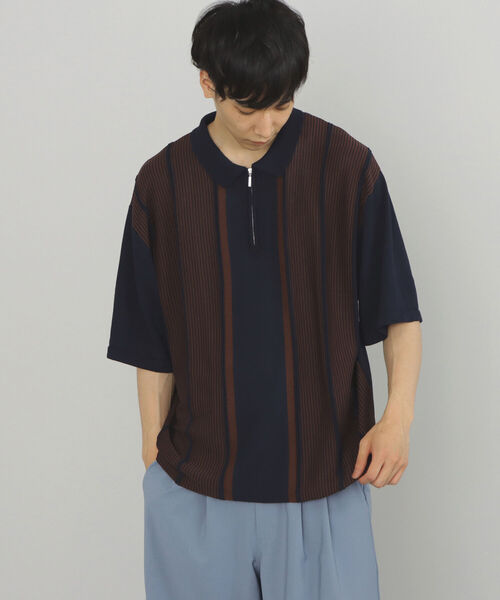 BEAMS HEART（ビームスハート）の「BEAMS HEART / ジップ ストライプ ポロシャツ（ポロシャツ・メンズ・ネイビー/バーガンディー・SMALL/LARGE/MEDIUM）」の2枚目の写真