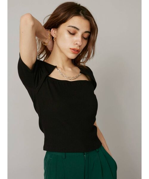 EVRIS（エヴリス）の「チェーンモチーフリブTOPS（Tシャツ/カットソー・レディース・ブラック/アイボリー・FREE）」の5枚目の写真