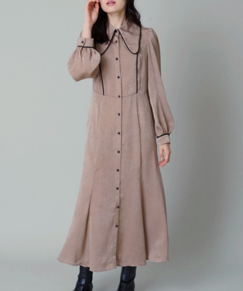 A de a.v.v（アードアー・ヴェ・ヴェ）の「バイカラーパイピングサテンワンピース（ワンピース・レディース・ブラック/ベージュ・MEDIUM/SMALL）」の2枚目の写真