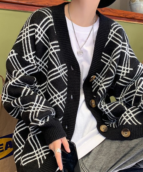 anown(アノン)の「チェック柄オーバーサイズニットカーディガン(カーディガン/ボレロ・メンズ・ブラック・FREE)」の2枚目の写真