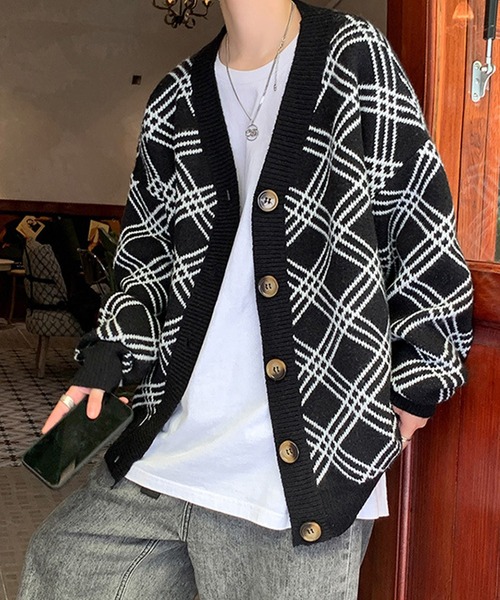 anown(アノン)の「チェック柄オーバーサイズニットカーディガン(カーディガン/ボレロ・メンズ・ブラック・FREE)」の3枚目の写真