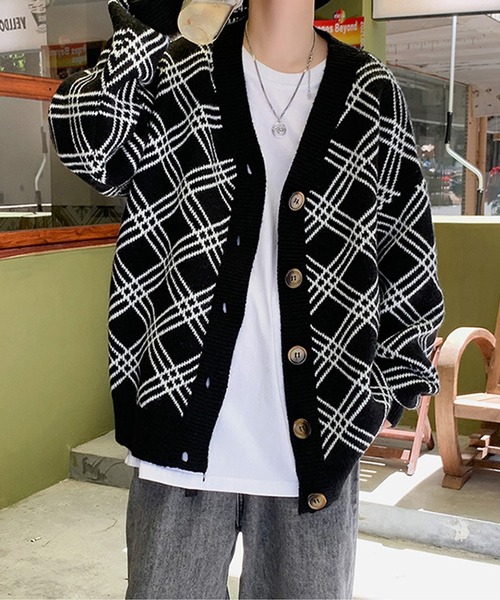 anown(アノン)の「チェック柄オーバーサイズニットカーディガン(カーディガン/ボレロ・メンズ・ブラック・FREE)」の7枚目の写真