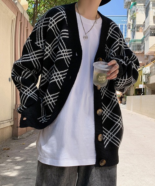 anown(アノン)の「チェック柄オーバーサイズニットカーディガン(カーディガン/ボレロ・メンズ・ブラック・FREE)」の4枚目の写真