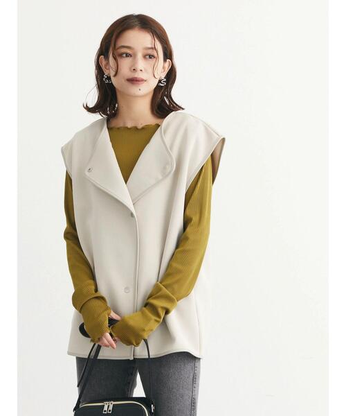 Green　Parks（グリーンパークス）の「合皮パイピングベスト*（ベスト・レディース・ベージュ/ブラック・FREE）」の6枚目の写真