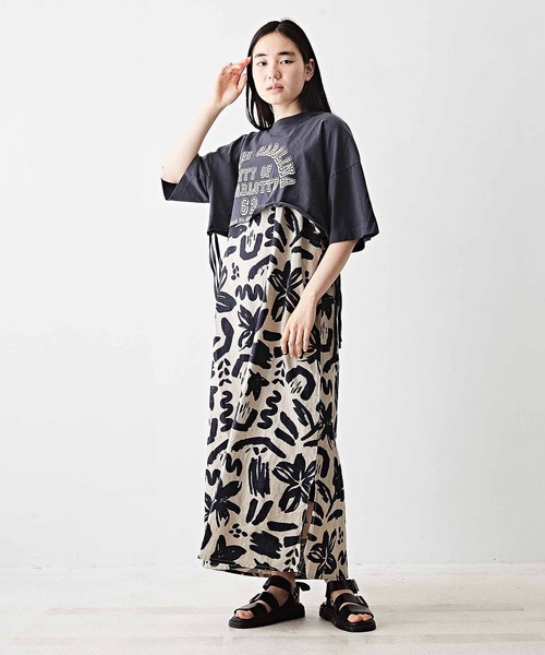 TOBILA（トビラ）の「コットン天竺レイヤードTシャツ（Tシャツ/カットソー・レディース・ベージュ/パープル/ヘザーチャコール・M）」の4枚目の写真