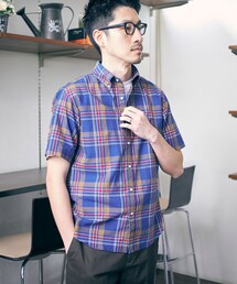 *SHIPS: ワンポイント ロゴ コットン/リネン マドラスチェック ボタンダウン 半袖 シャツ