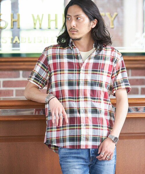 SHIPS(シップス)の「*SHIPS: ワンポイント ロゴ コットン/リネン マドラスチェック ボタンダウン 半袖 シャツ(シャツ/ブラウス・メンズ・ネイビー/オリーブ/グリーン/ワイン・SMALL/MEDIUM/LARGE/X-LARGE)」の4枚目の写真