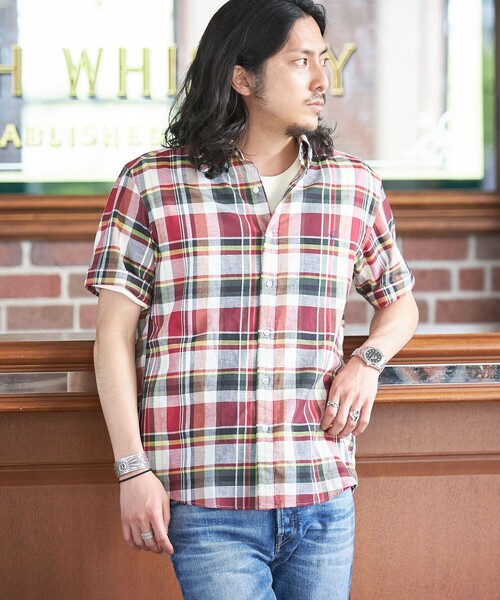 SHIPS(シップス)の「*SHIPS: ワンポイント ロゴ コットン/リネン マドラスチェック ボタンダウン 半袖 シャツ(シャツ/ブラウス・メンズ・ネイビー/オリーブ/グリーン/ワイン・SMALL/MEDIUM/LARGE/X-LARGE)」の6枚目の写真