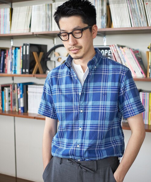 SHIPS(シップス)の「*SHIPS: ワンポイント ロゴ コットン/リネン マドラスチェック ボタンダウン 半袖 シャツ(シャツ/ブラウス・メンズ・ネイビー/オリーブ/グリーン/ワイン・SMALL/MEDIUM/LARGE/X-LARGE)」の9枚目の写真