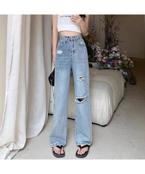 SpRay（スプレイ）の「ブロークンデニムストレートパンツ（デニムパンツ・レディース・ライトブルー/ブラック・SMALL/LARGE/MEDIUM）」の3枚目の写真