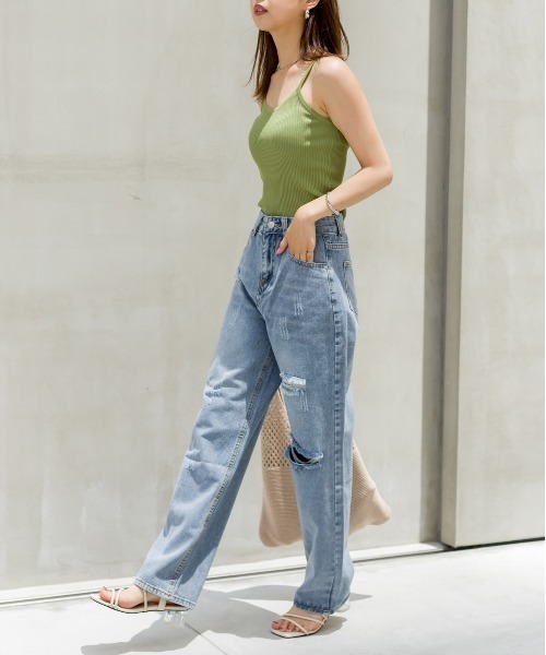 SpRay（スプレイ）の「ブロークンデニムストレートパンツ（デニムパンツ・レディース・ライトブルー/ブラック・SMALL/LARGE/MEDIUM）」の11枚目の写真