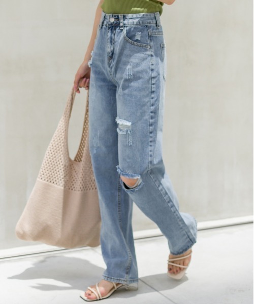 SpRay（スプレイ）の「ブロークンデニムストレートパンツ（デニムパンツ・レディース・ライトブルー/ブラック・SMALL/LARGE/MEDIUM）」の15枚目の写真