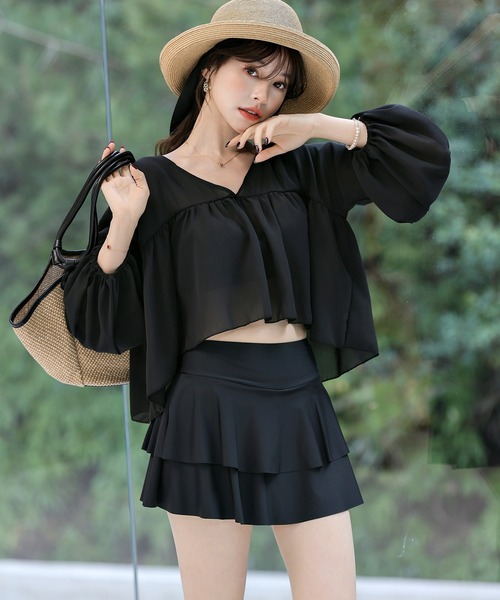 レディース体型カバー水着 2WAYティアードビキニ+クロップドシアー