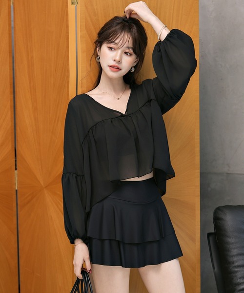 TeddyShop(テディショップ)の「レディース 体型カバー水着 2WAYティアードビキニ+クロップドシアートップス 3点セット【大きいサイズ有】(水着・レディース・グリーン系その他/ブラック/ブラウン・S/L/M/LL)」の8枚目の写真