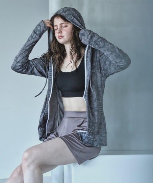 UPF50+フード付きジップアップラッシュガードレディース