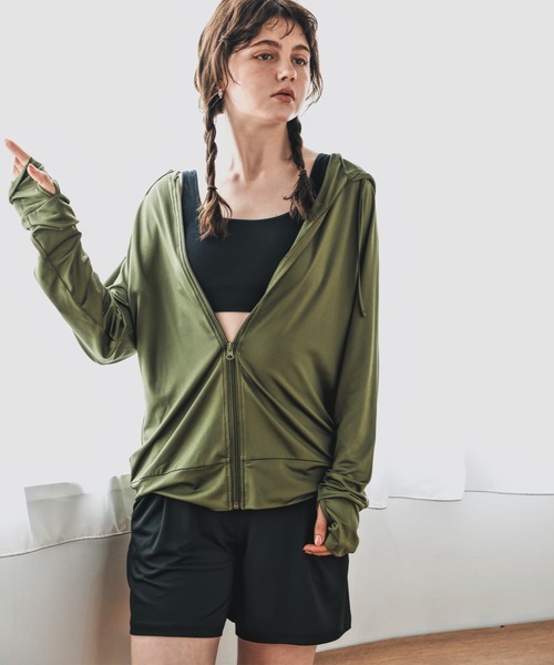 UPF50+フード付きジップアップラッシュガードレディース