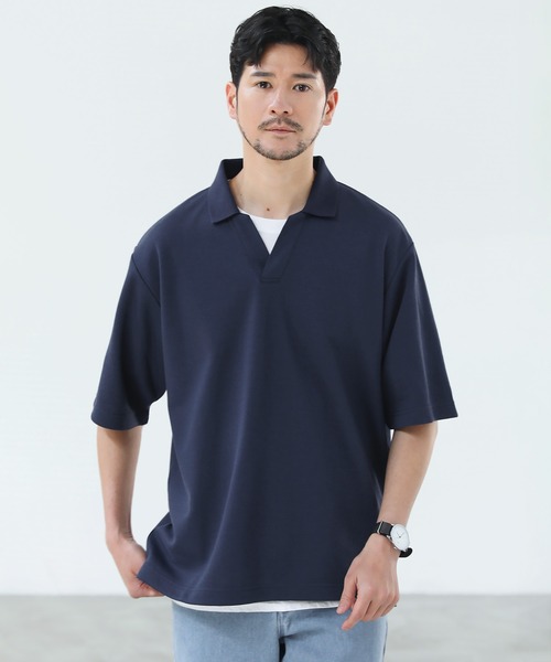 SPU（スプ）の「抗菌防臭＆接触冷感ルーズシルエットダブルフェイス鹿の子スキッパ―ポロシャツ（ポロシャツ・メンズ・グレー/ブラック/ベージュ/ネイビー/ホワイト/モカ/チャコール・M/L/XL/S）」の7枚目の写真