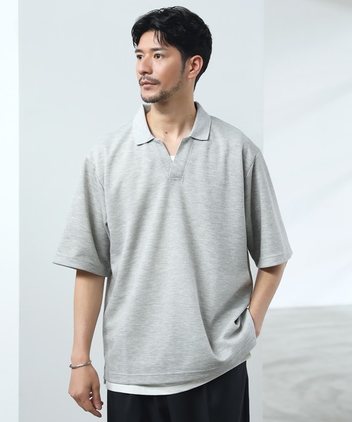 SPU（スプ）の「抗菌防臭＆接触冷感ルーズシルエットダブルフェイス鹿の子スキッパ―ポロシャツ（ポロシャツ・メンズ・グレー/ブラック/ベージュ/ネイビー/ホワイト/モカ/チャコール・M/L/XL/S）」の3枚目の写真
