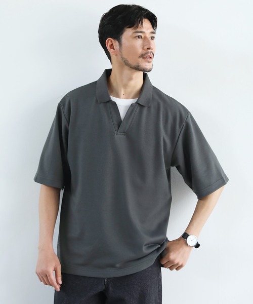 SPU（スプ）の「抗菌防臭＆接触冷感ルーズシルエットダブルフェイス鹿の子スキッパ―ポロシャツ（ポロシャツ・メンズ・グレー/ブラック/ベージュ/ネイビー/ホワイト/モカ/チャコール・M/L/XL/S）」の4枚目の写真