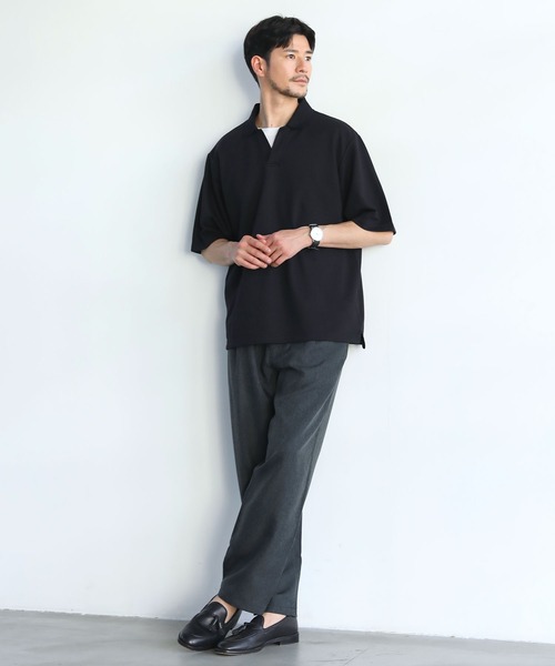 SPU（スプ）の「抗菌防臭＆接触冷感ルーズシルエットダブルフェイス鹿の子スキッパ―ポロシャツ（ポロシャツ・メンズ・グレー/ブラック/ベージュ/ネイビー/ホワイト/モカ/チャコール・M/L/XL/S）」の10枚目の写真