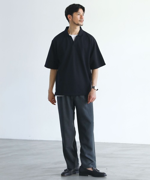 SPU（スプ）の「抗菌防臭＆接触冷感ルーズシルエットダブルフェイス鹿の子スキッパ―ポロシャツ（ポロシャツ・メンズ・グレー/ブラック/ベージュ/ネイビー/ホワイト/モカ/チャコール・M/L/XL/S）」の13枚目の写真