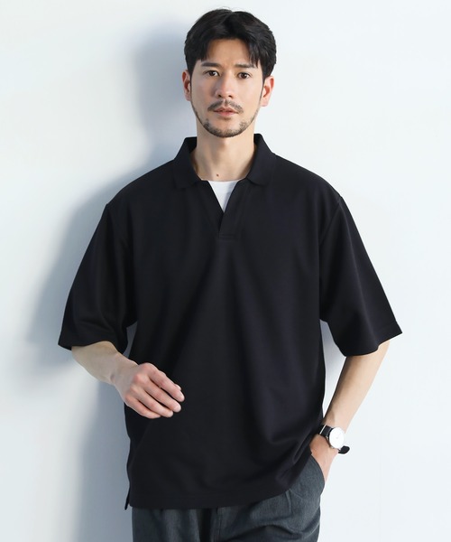 SPU（スプ）の「抗菌防臭＆接触冷感ルーズシルエットダブルフェイス鹿の子スキッパ―ポロシャツ（ポロシャツ・メンズ・グレー/ブラック/ベージュ/ネイビー/ホワイト/モカ/チャコール・M/L/XL/S）」の8枚目の写真