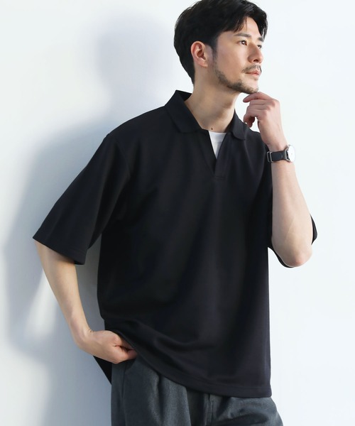 SPU（スプ）の「抗菌防臭＆接触冷感ルーズシルエットダブルフェイス鹿の子スキッパ―ポロシャツ（ポロシャツ・メンズ・グレー/ブラック/ベージュ/ネイビー/ホワイト/モカ/チャコール・M/L/XL/S）」の9枚目の写真