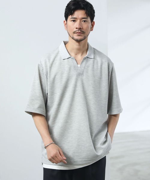 SPU（スプ）の「抗菌防臭＆接触冷感ルーズシルエットダブルフェイス鹿の子スキッパ―ポロシャツ（ポロシャツ・メンズ・グレー/ブラック/ベージュ/ネイビー/ホワイト/モカ/チャコール・M/L/XL/S）」の14枚目の写真