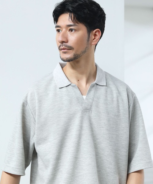 SPU（スプ）の「抗菌防臭＆接触冷感ルーズシルエットダブルフェイス鹿の子スキッパ―ポロシャツ（ポロシャツ・メンズ・グレー/ブラック/ベージュ/ネイビー/ホワイト/モカ/チャコール・M/L/XL/S）」の15枚目の写真