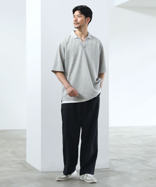 SPU（スプ）の「抗菌防臭＆接触冷感ルーズシルエットダブルフェイス鹿の子スキッパ―ポロシャツ（ポロシャツ・メンズ・グレー/ブラック/ベージュ/ネイビー/ホワイト/モカ/チャコール・M/L/XL/S）」の16枚目の写真