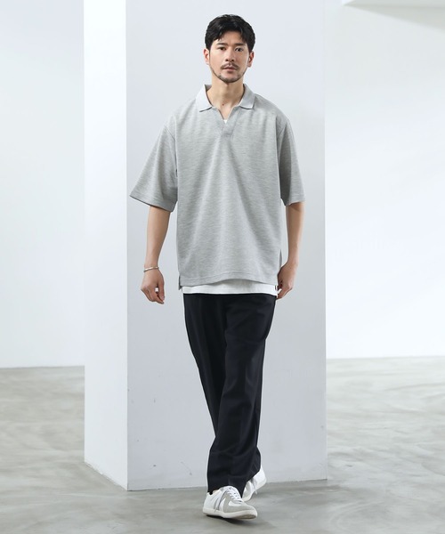 SPU（スプ）の「抗菌防臭＆接触冷感ルーズシルエットダブルフェイス鹿の子スキッパ―ポロシャツ（ポロシャツ・メンズ・グレー/ブラック/ベージュ/ネイビー/ホワイト/モカ/チャコール・M/L/XL/S）」の17枚目の写真